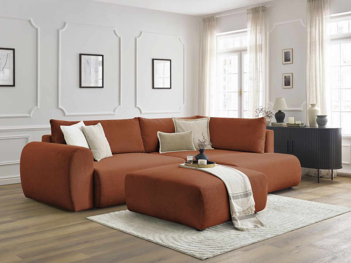 Bobochic Lucien Ecksofa mit Schlaffunktion und Bettkasten und Pouf 296 × 198 cm Stoff Orange Ecke rechts