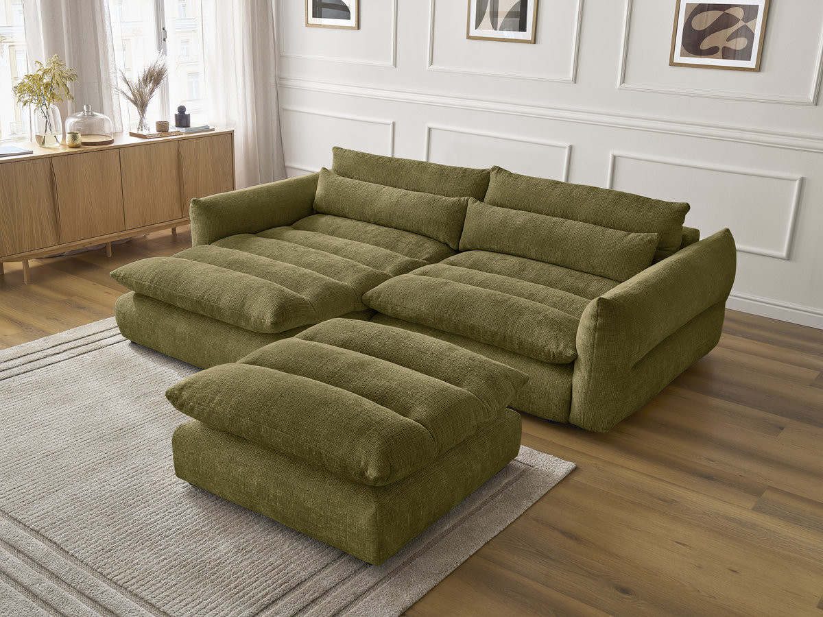 Bobochic Neil Ecksofa mit Pouf Strukturstoff Grün Ecke links