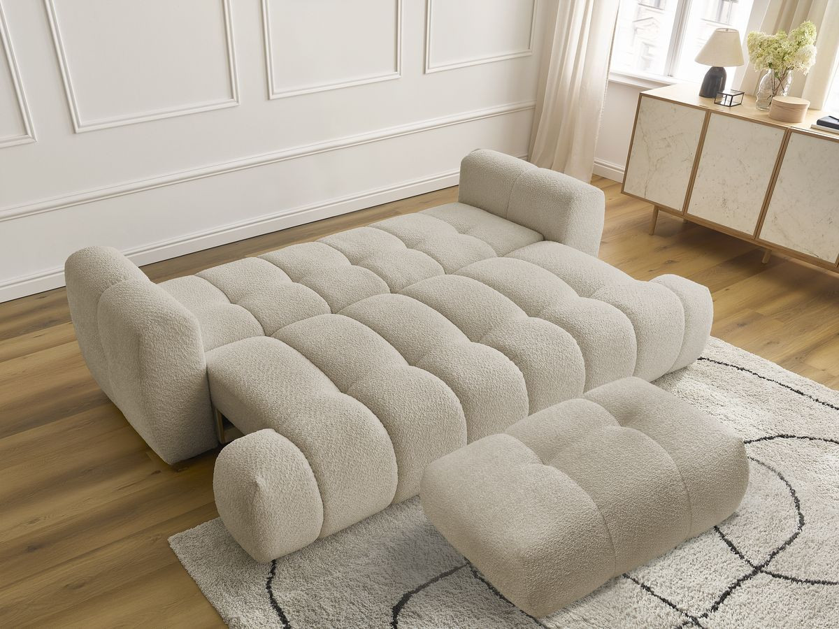 Bobochic Fuji Schlafsofa 3-Sitzer mit Bettkasten und Pouf Bouclé-Stoff Beige