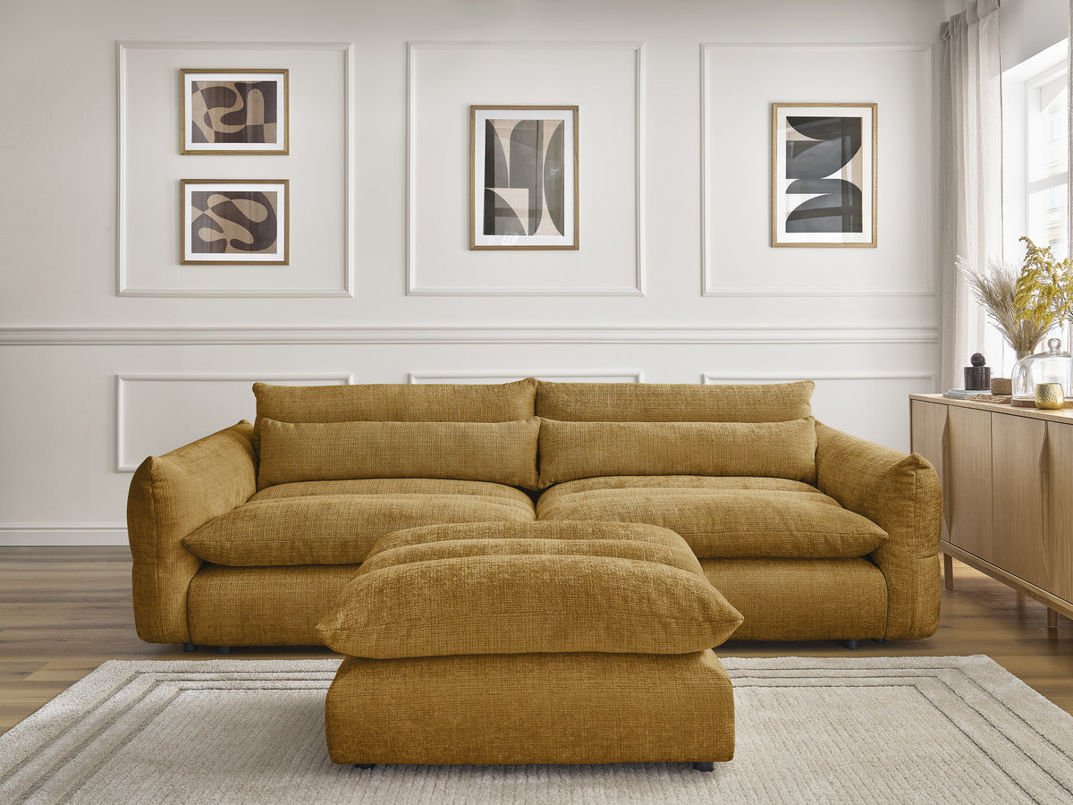 Bobochic Neil Sofa 3-Sitzer mit Pouf Strukturstoff Gelb