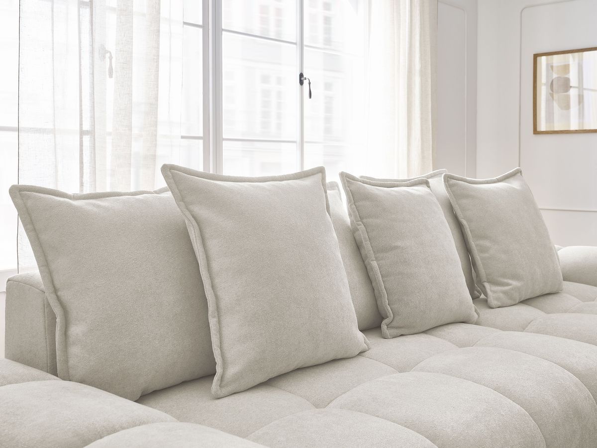Bobochic Everest Ecksofa mit Schlaffunktion und Bettkasten und Pouf 318 × 180 cm, 7 Kissen Strukturstoff Weiß Ecke rechts