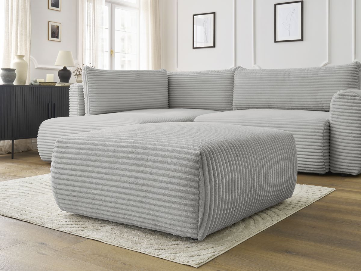 Bobochic Lucien Ecksofa mit Schlaffunktion und Bettkasten und Pouf 296 × 198 cm Breitcord weich Hellgrau Ecke links