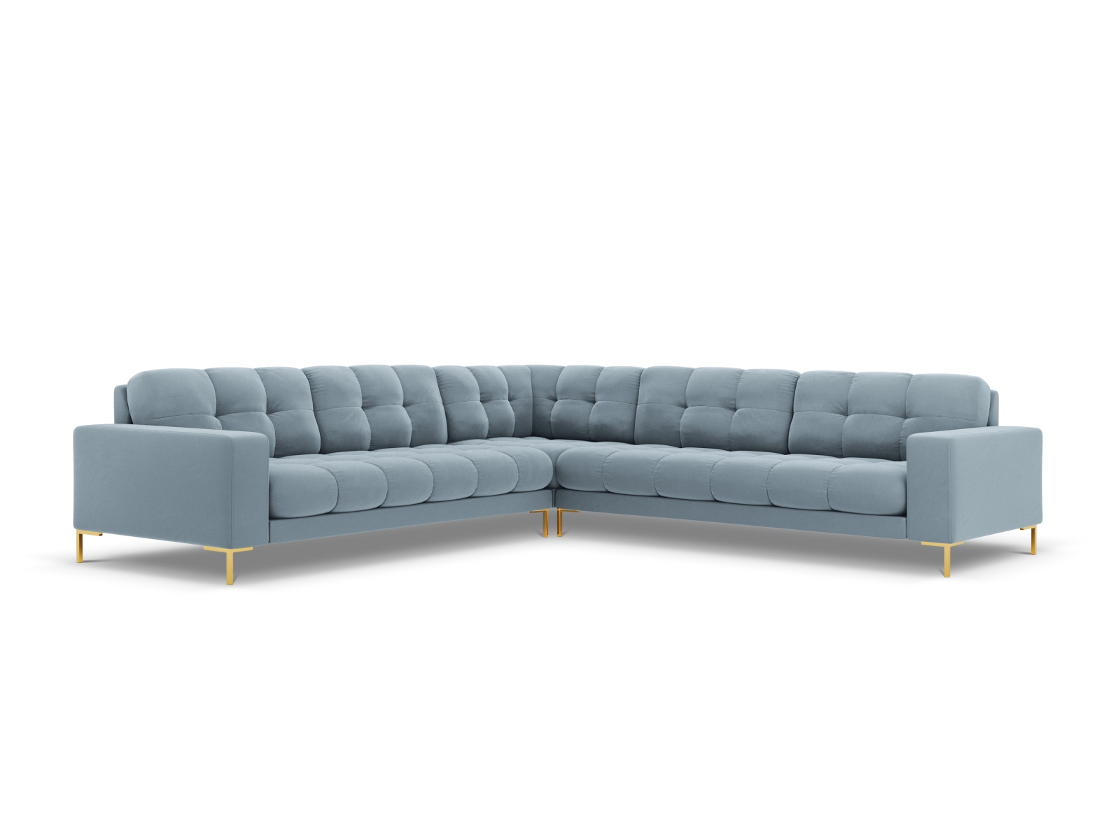 Cosmopolitan Design Symmetrisches Ecksofa Bali 6-Sitzer Samt Bluvel Hellblau Beine Gold