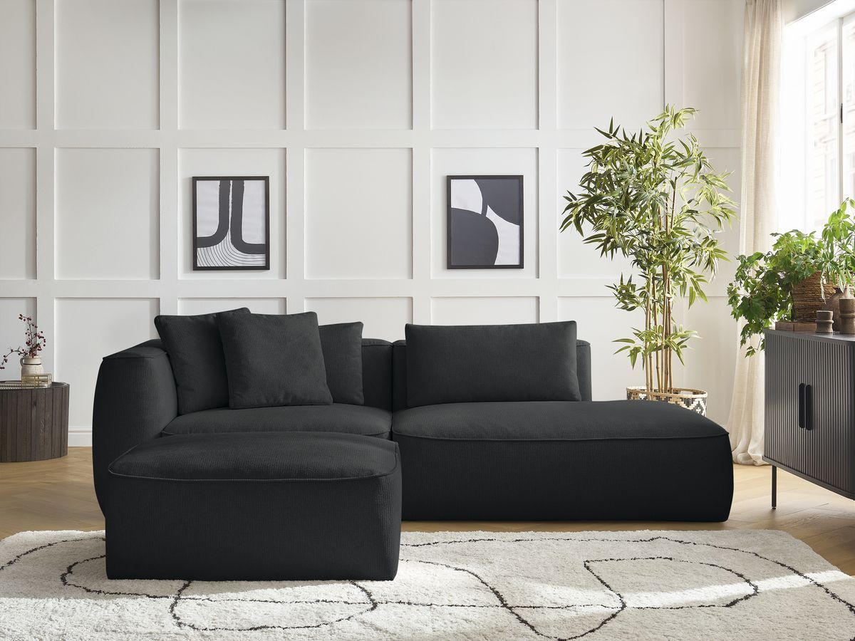 Bobochic Leopold Sofa 4-Sitzer mit Pouf Melange-Stoff Schwarz Armlehne links
