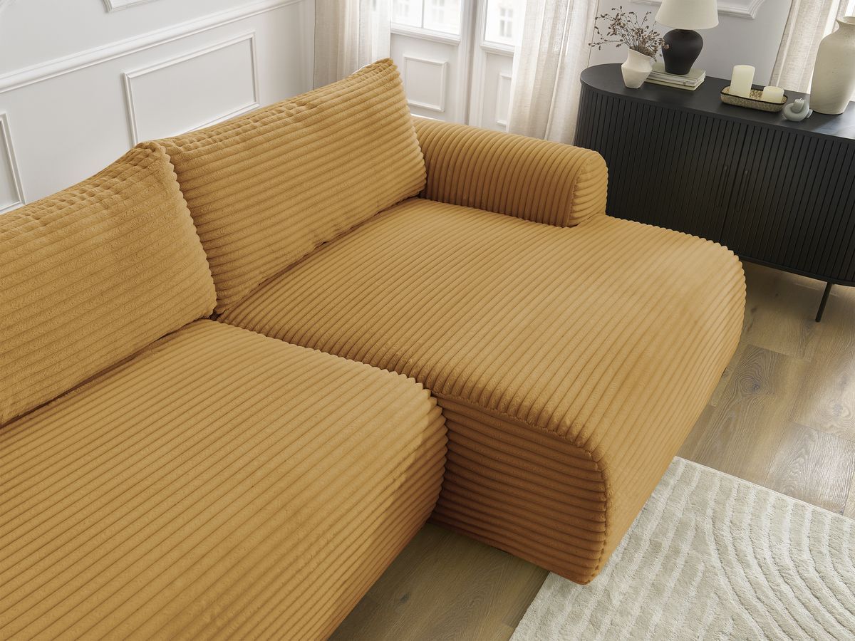 Bobochic Lucien Ecksofa mit Schlaffunktion und Bettkasten 314 × 167 cm Breitcord weich Gelb Ecke rechts