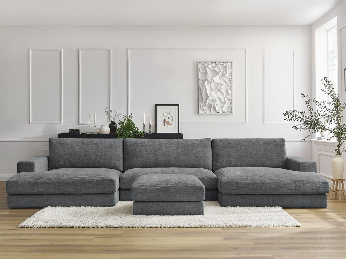 Bobochic Leonard Wohnlandschaft mit Pouf 349 × 159 cm Strukturstoff Dunkelgrau