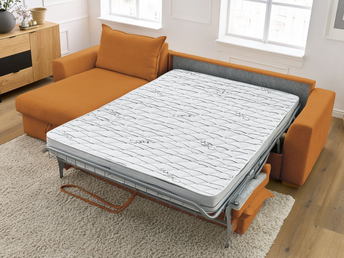 Bobochic Augustin Ecksofa mit Schlaffunktion und Bettkasten Bouclé-Stoff Gelb, Liegefläche 140 × 200 cm