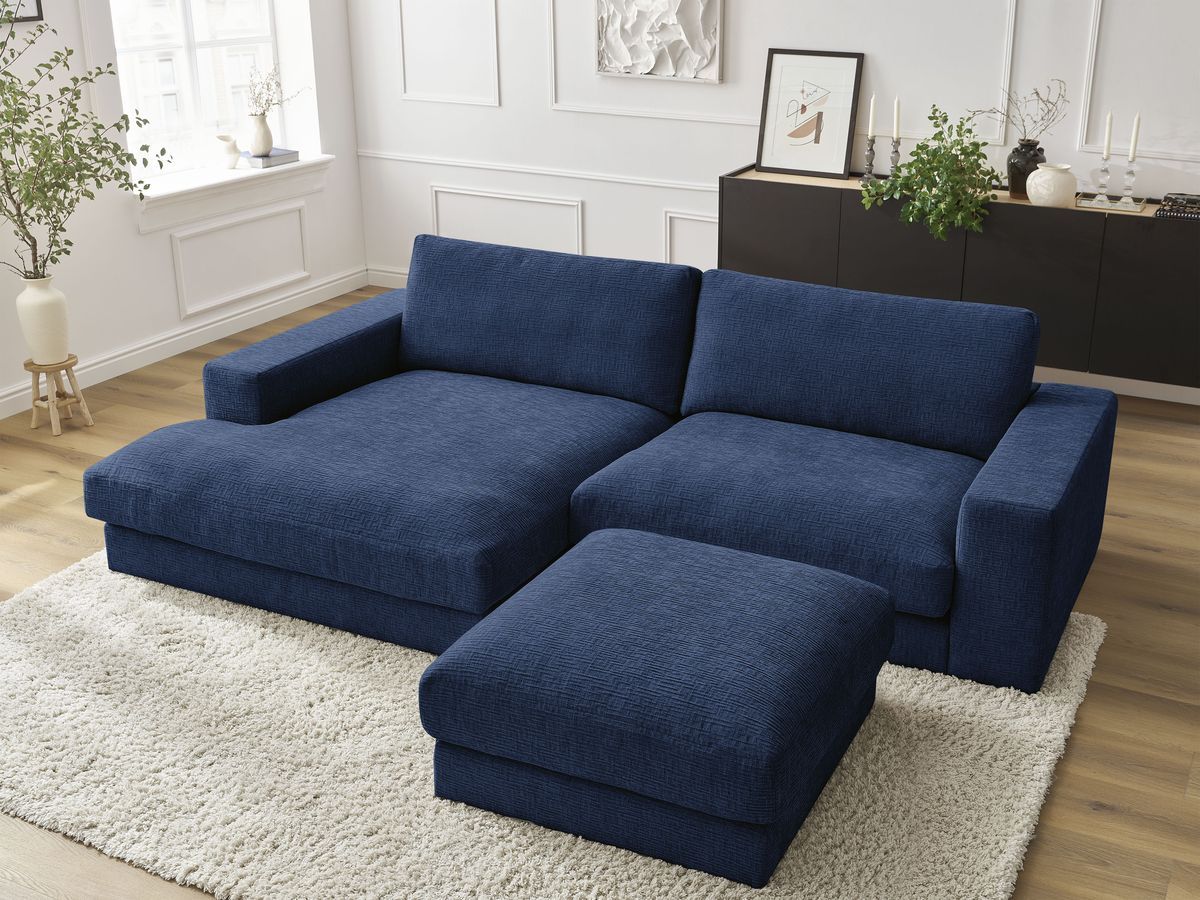Bobochic Leonard Ecksofa mit Pouf 274 × 159 cm Strukturstoff Dunkelblau Ecke links