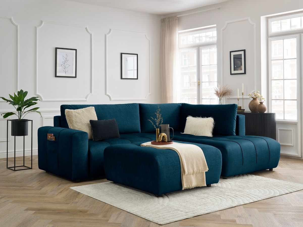 Bobochic Arsene Ecksofa mit Schlaffunktion und Bettkasten und Pouf 277 × 200 cm Samt Blau Ecke rechts