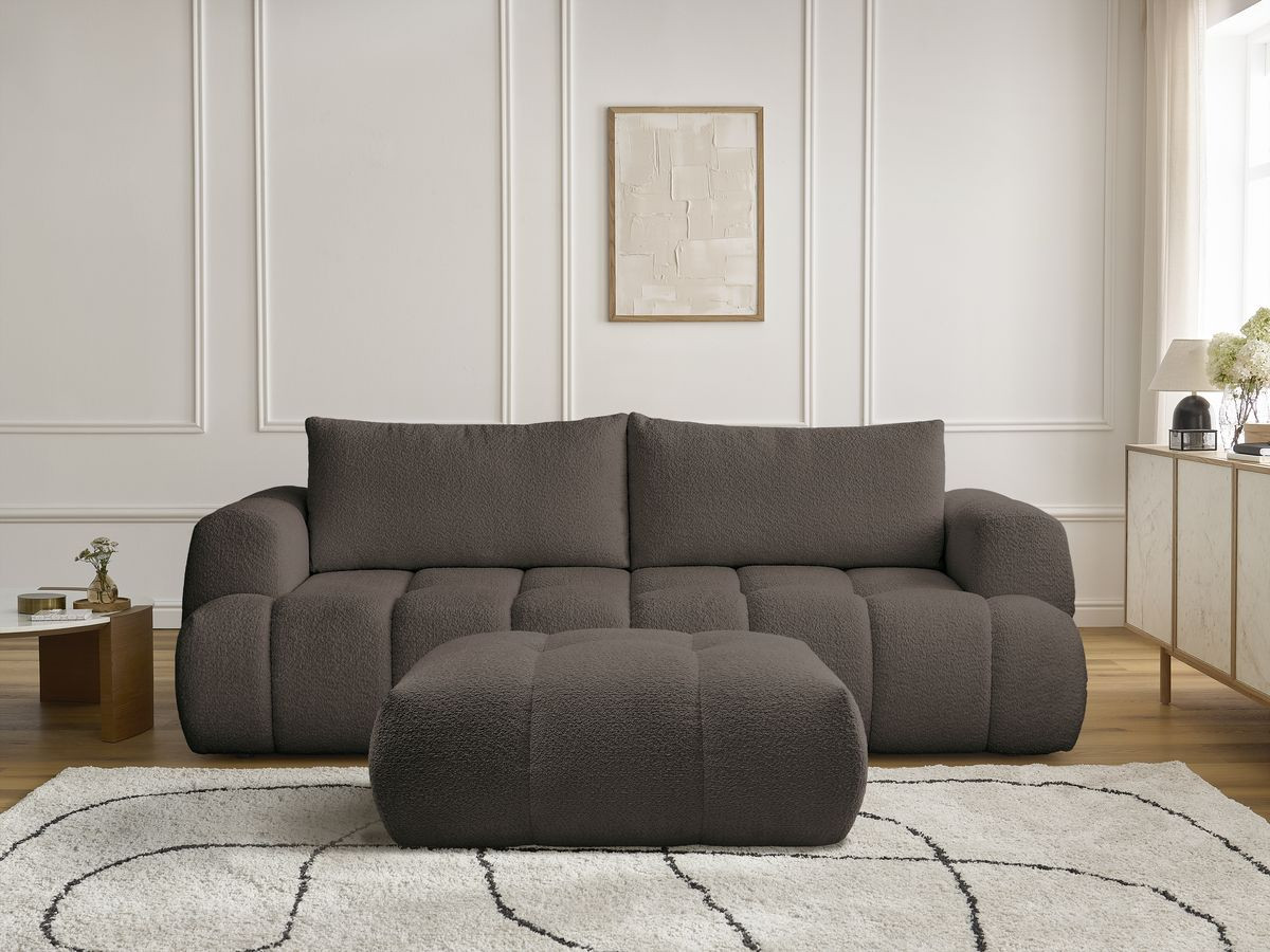 Bobochic Fuji Schlafsofa 3-Sitzer mit Bettkasten und Pouf Bouclé-Stoff Braun