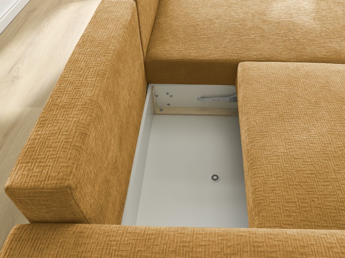 Bobochic Atilla Ecksofa mit Schlaffunktion und Bettkasten Strukturstoff Gelb Ecke rechts