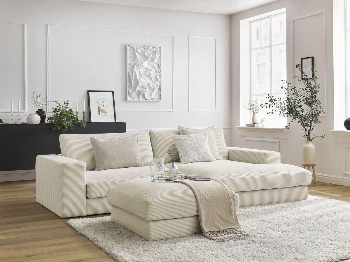 Bobochic Leonard Ecksofa mit Pouf 274 × 159 cm Cordsamt Beige Ecke rechts