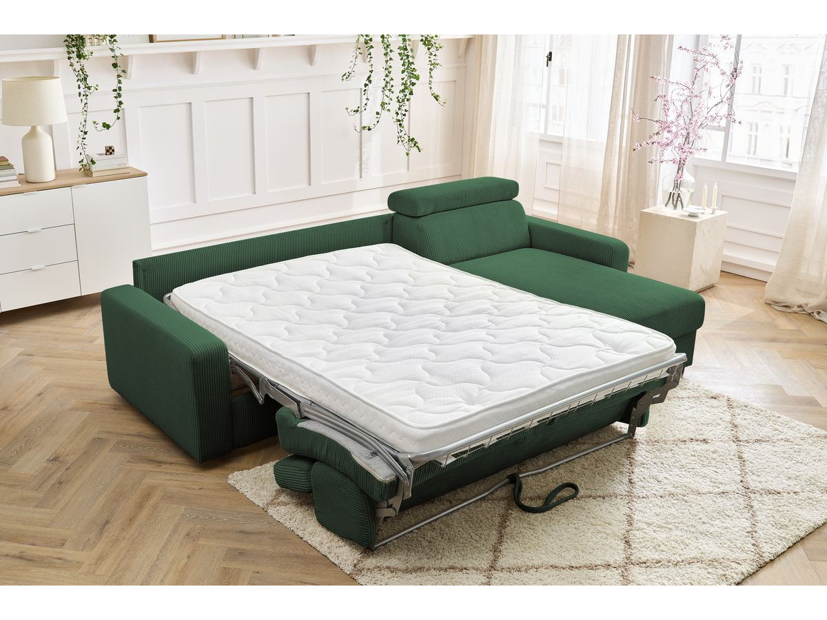Bobochic Monaco Ecksofa mit Schlaffunktion und Bettkasten Cordsamt Grün, Liegefläche 160 × 190 cm