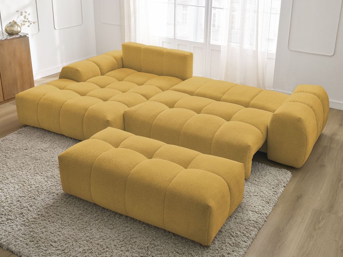 Bobochic Everest Ecksofa mit Schlaffunktion und Bettkasten und Pouf 318 × 180 cm, 7 Kissen Melange-Stoff Gelb Ecke links
