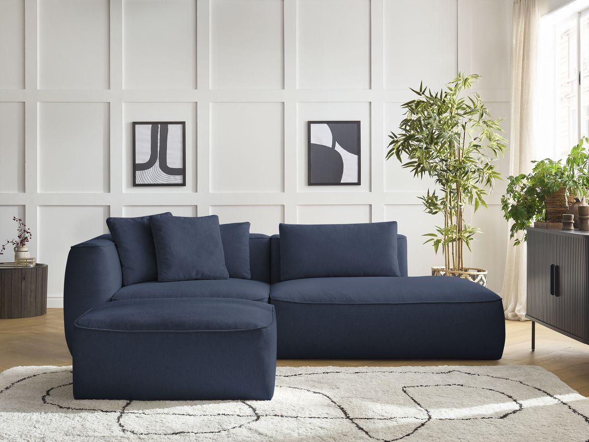 Bobochic Leopold Sofa 4-Sitzer mit Pouf Melange-Stoff Dunkelblau Armlehne links