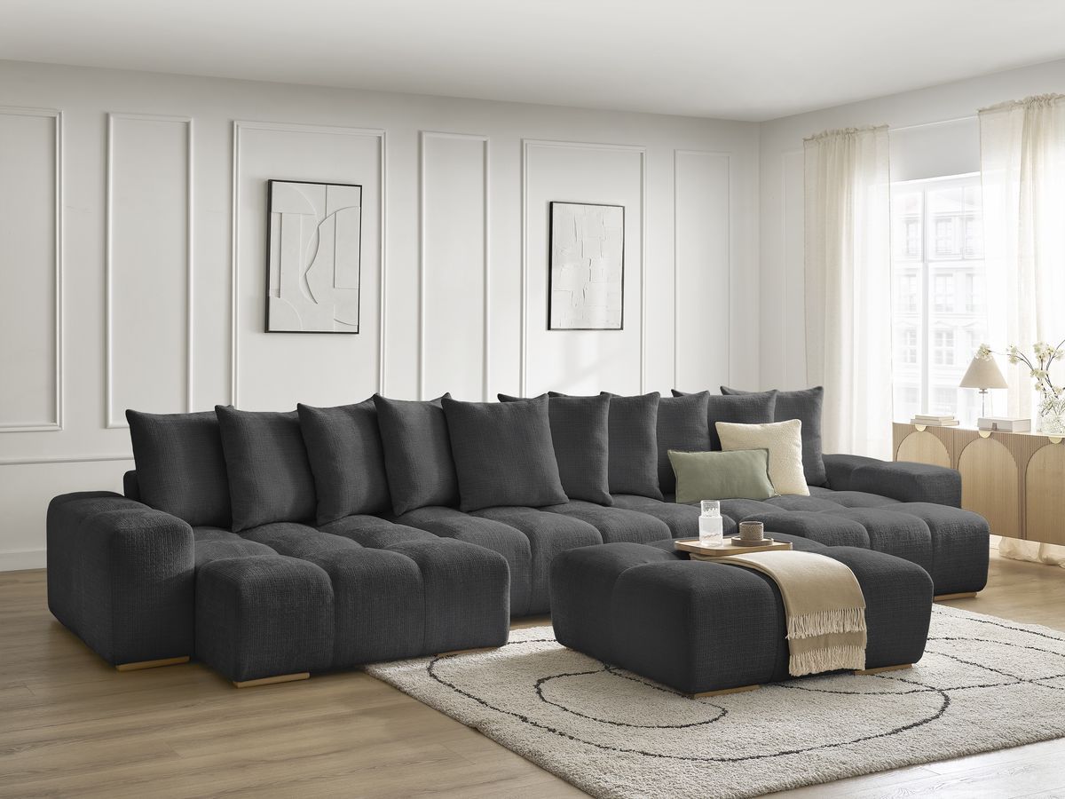 Bobochic Anakin Wohnlandschaft mit Pouf, 10 Kissen Strukturstoff Schwarz