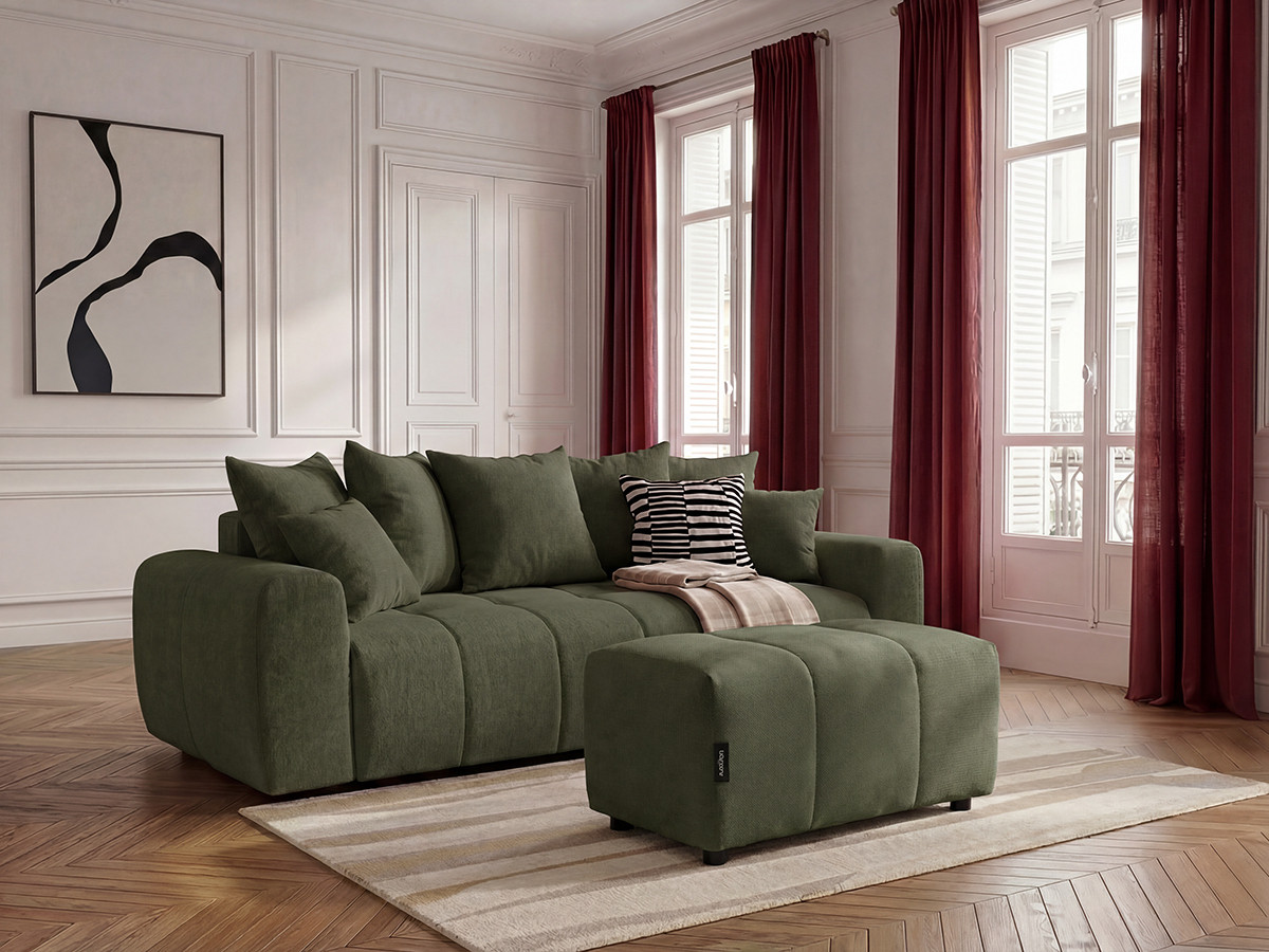 Bobochic Roxelane Schlafsofa 3-Sitzer mit Bettkasten und Pouf Melange-Stoff Grün