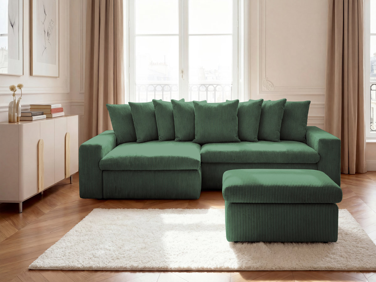 Bobochic Enore Ecksofa mit Pouf Cordsamt Dunkelgrün Ecke links