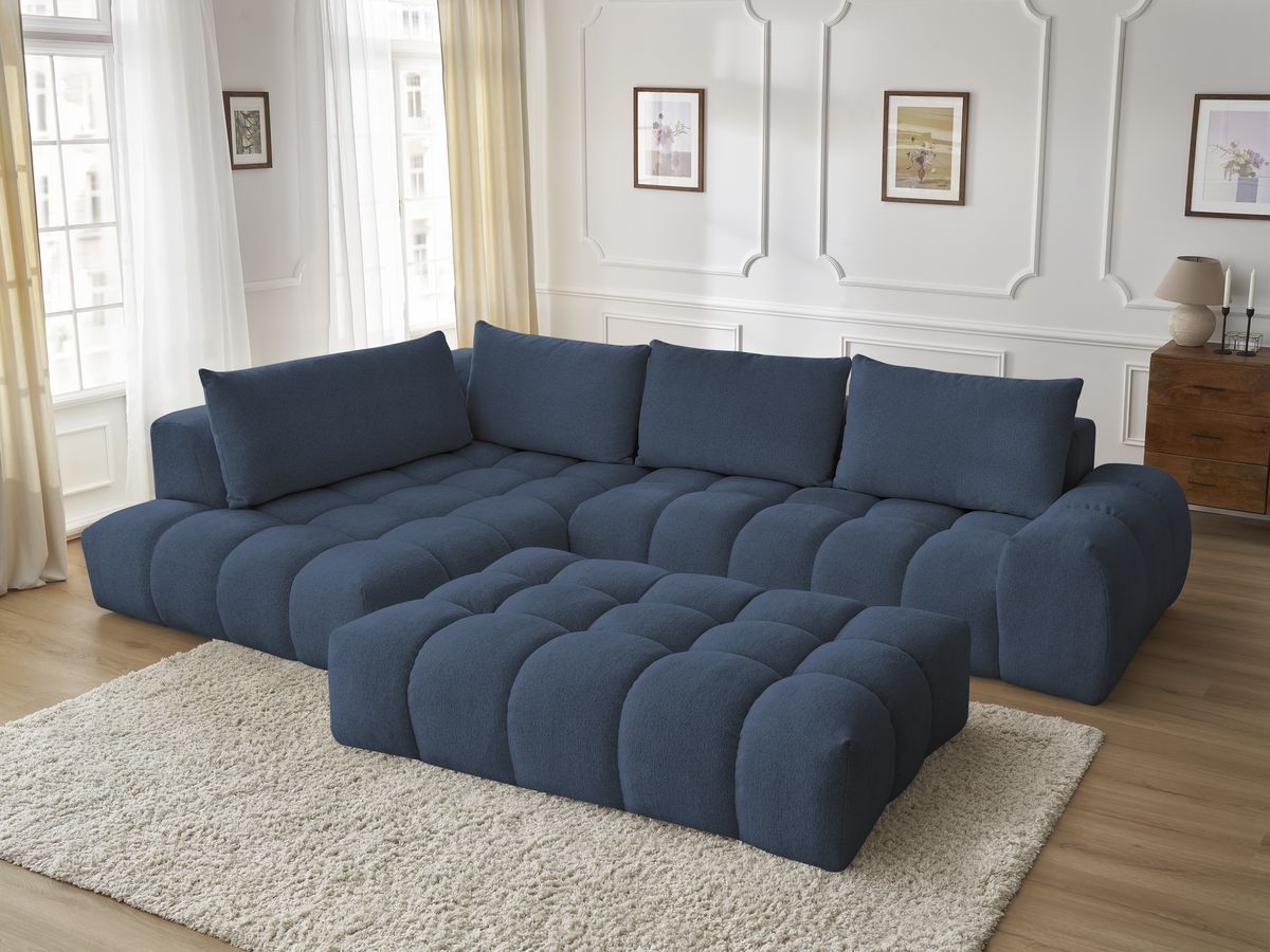Bobochic Everest Ecksofa mit Schlaffunktion und Pouf, 4 Kissen Melange-Stoff Dunkelblau Ecke links