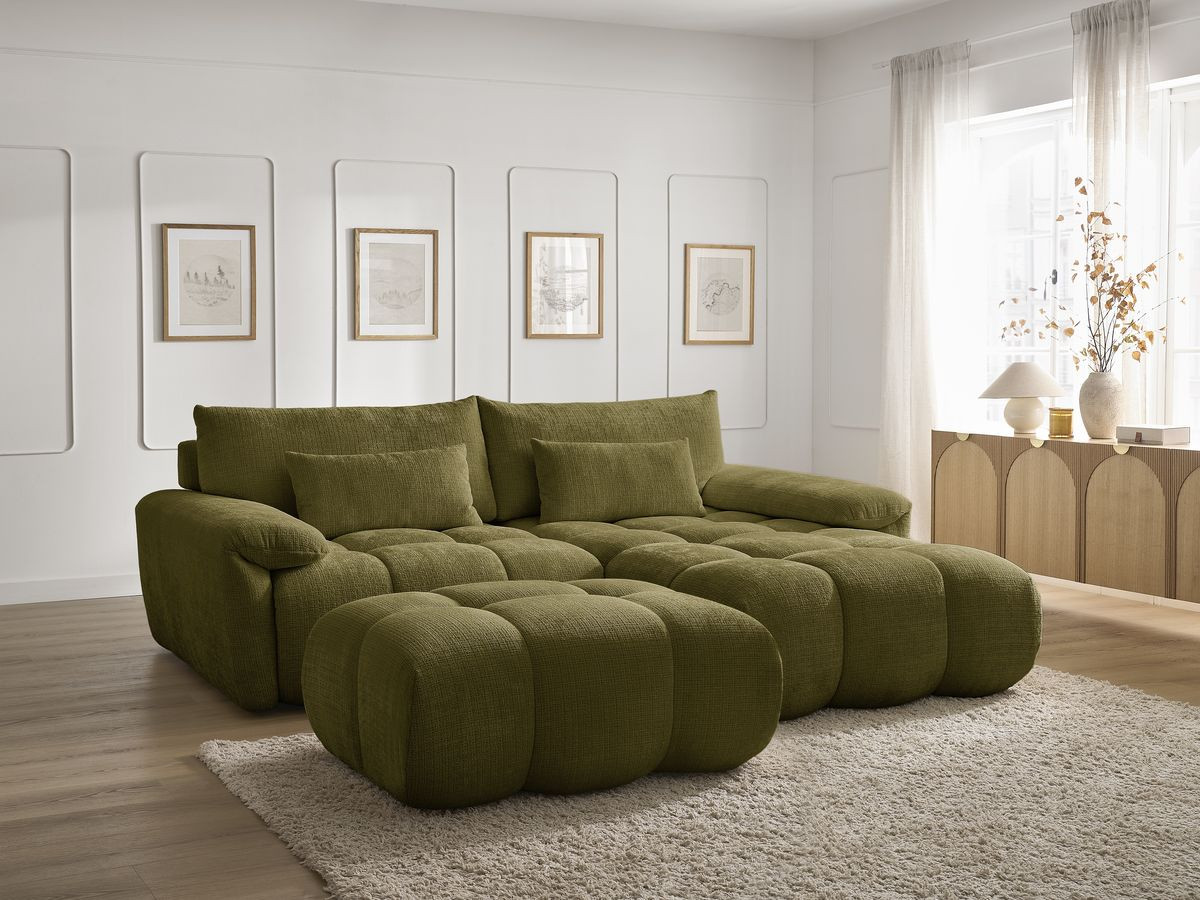 Bobochic Ivane Ecksofa mit Pouf Strukturstoff Grün Ecke rechts