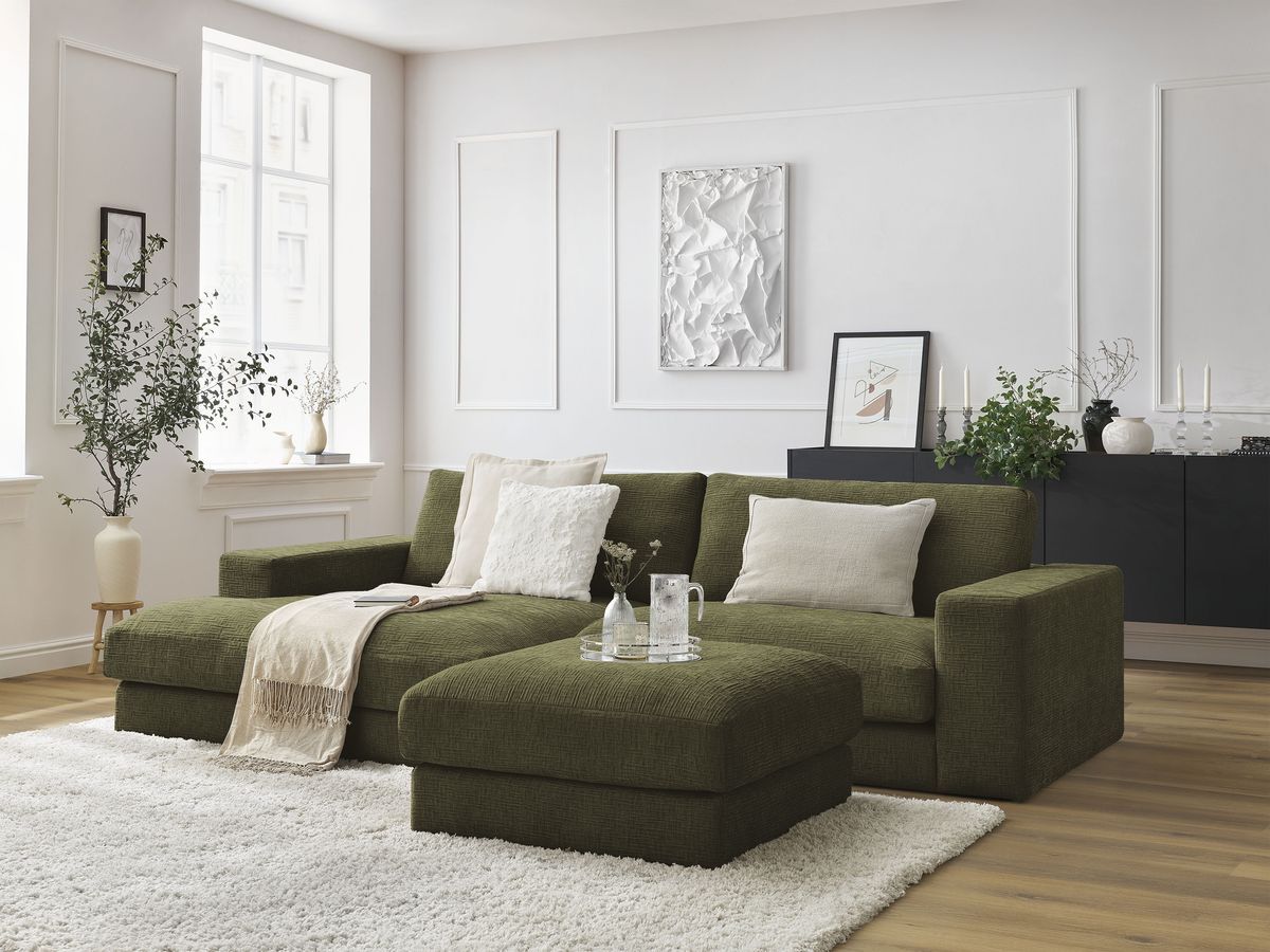 Bobochic Leonard Ecksofa mit Pouf 234 × 159 cm Strukturstoff Grün Ecke links