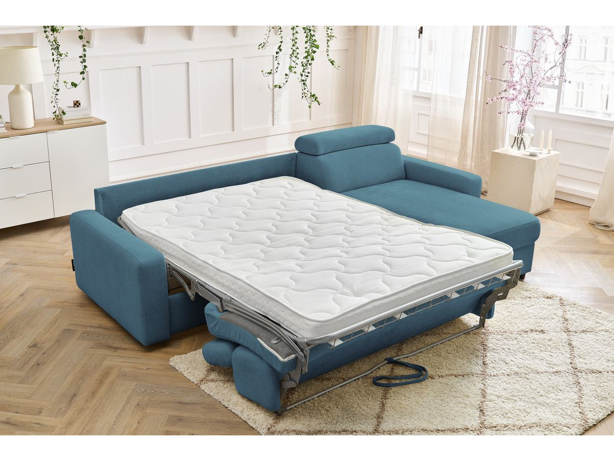 Bobochic Monaco Ecksofa mit Schlaffunktion und Bettkasten Stoff Hellblau, Liegefläche 160 × 190 cm
