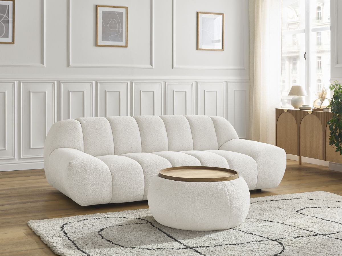 Bobochic Hayden Sofa 2-Sitzer mit Pouf Bouclé-Stoff Weiß