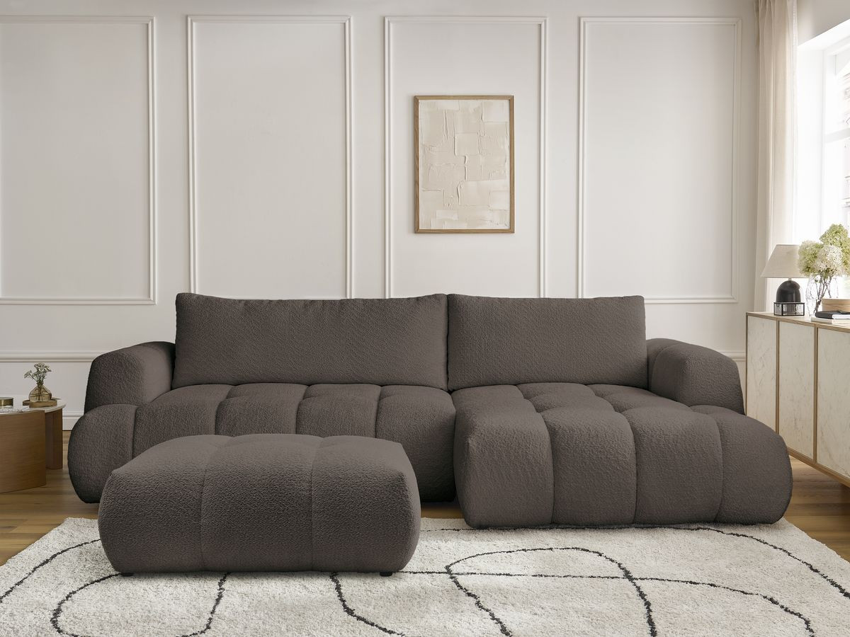 Bobochic Fuji Ecksofa mit Schlaffunktion und Bettkasten und Pouf 292 × 160 cm Bouclé-Stoff Braun Ecke rechts
