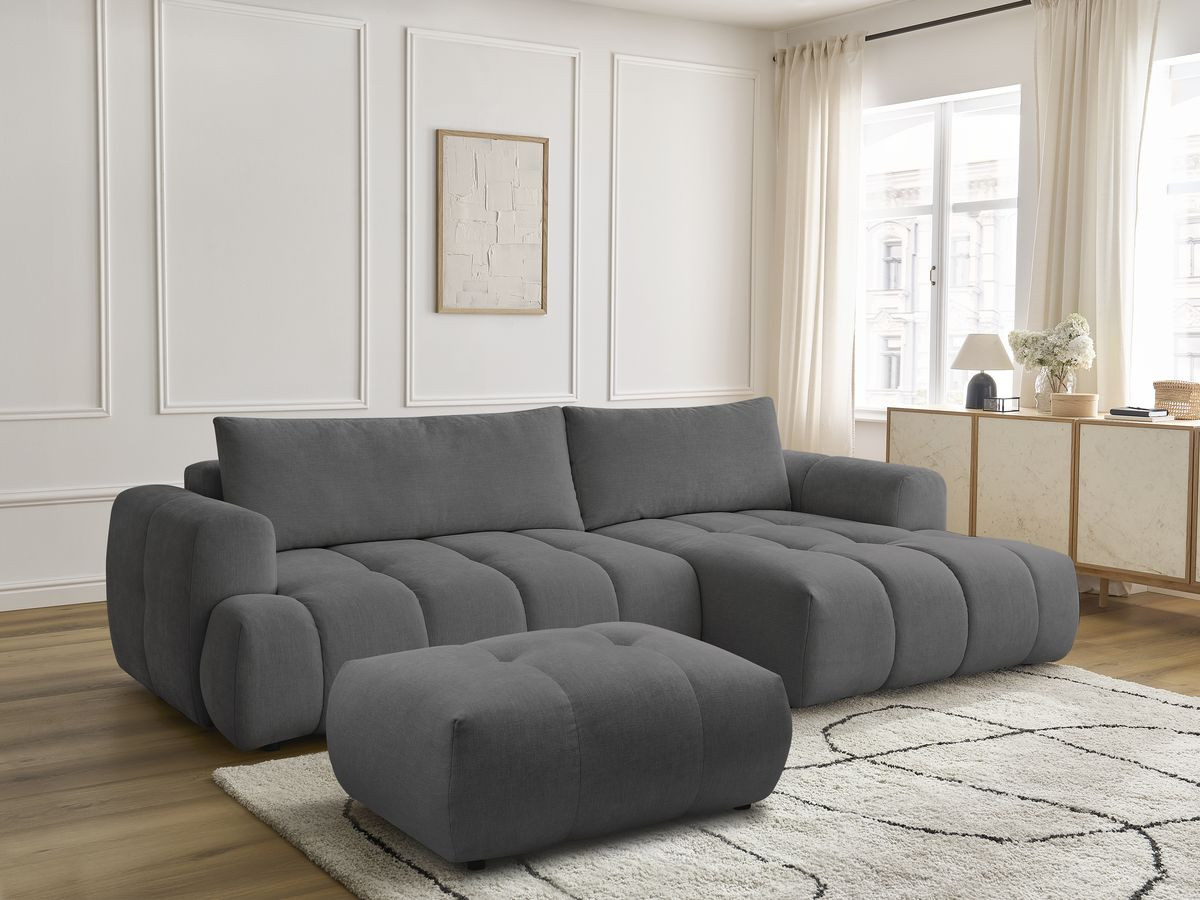Bobochic Fuji Ecksofa mit Schlaffunktion und Bettkasten und Pouf 292 × 160 cm Stoff Dunkelgrau Ecke rechts