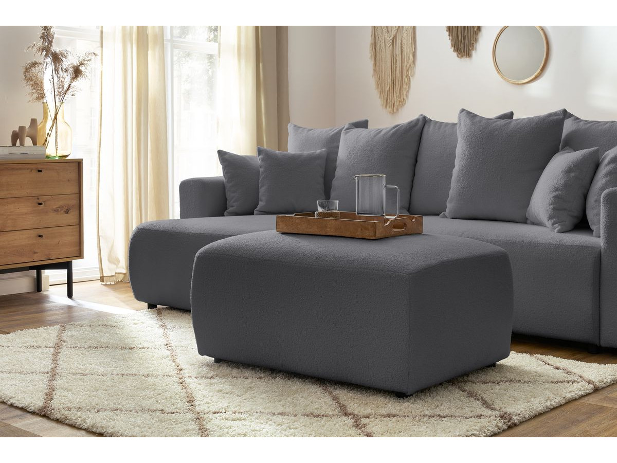 Bobochic Envy Ecksofa mit Schlaffunktion und Bettkasten und rechteckigem Pouf Bouclé-Stoff Dunkelgrau