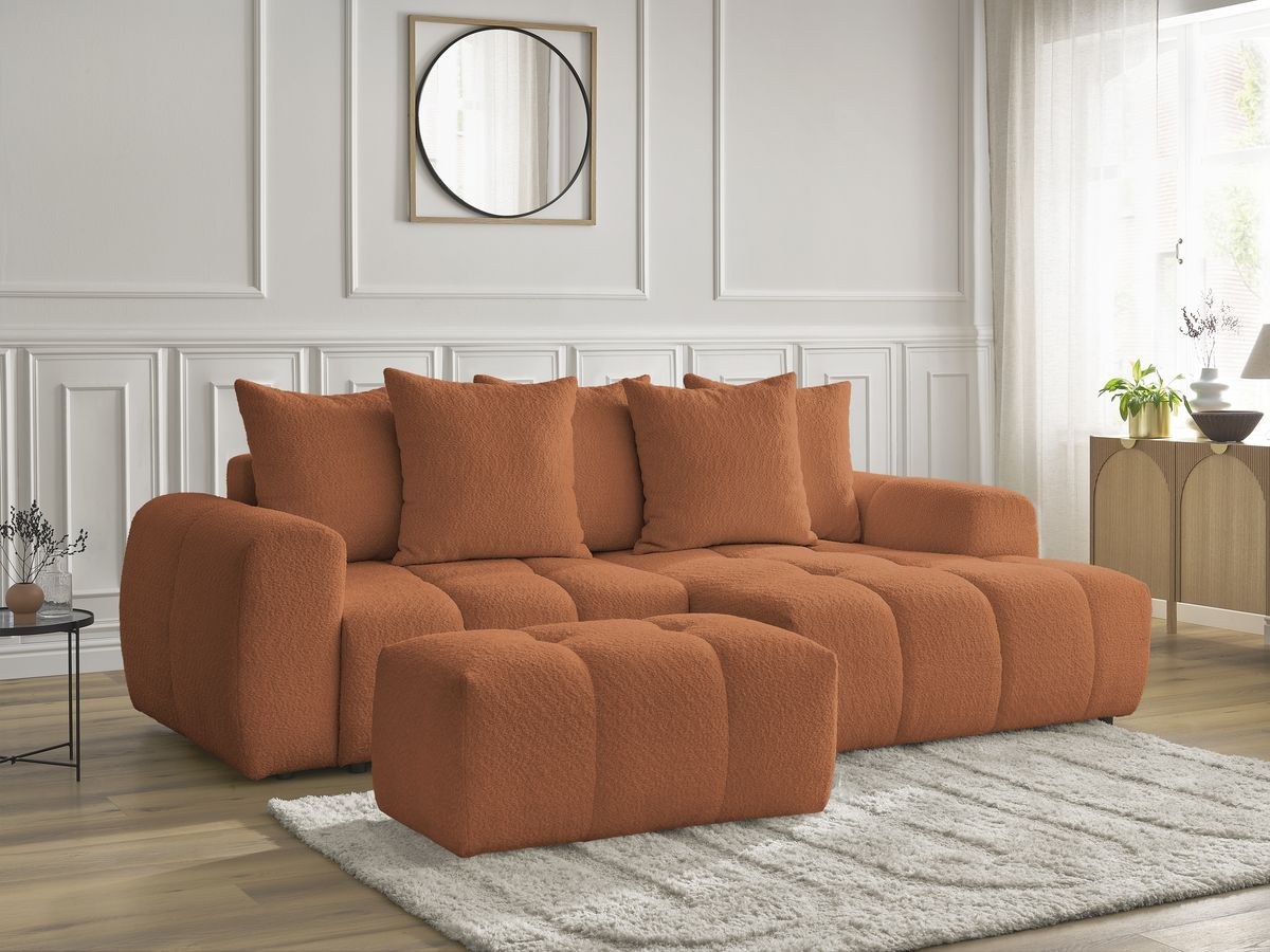 Bobochic Roxelane Ecksofa mit Schlaffunktion und Bettkasten und Pouf 258 × 150 cm Bouclé-Stoff Orange Ecke rechts