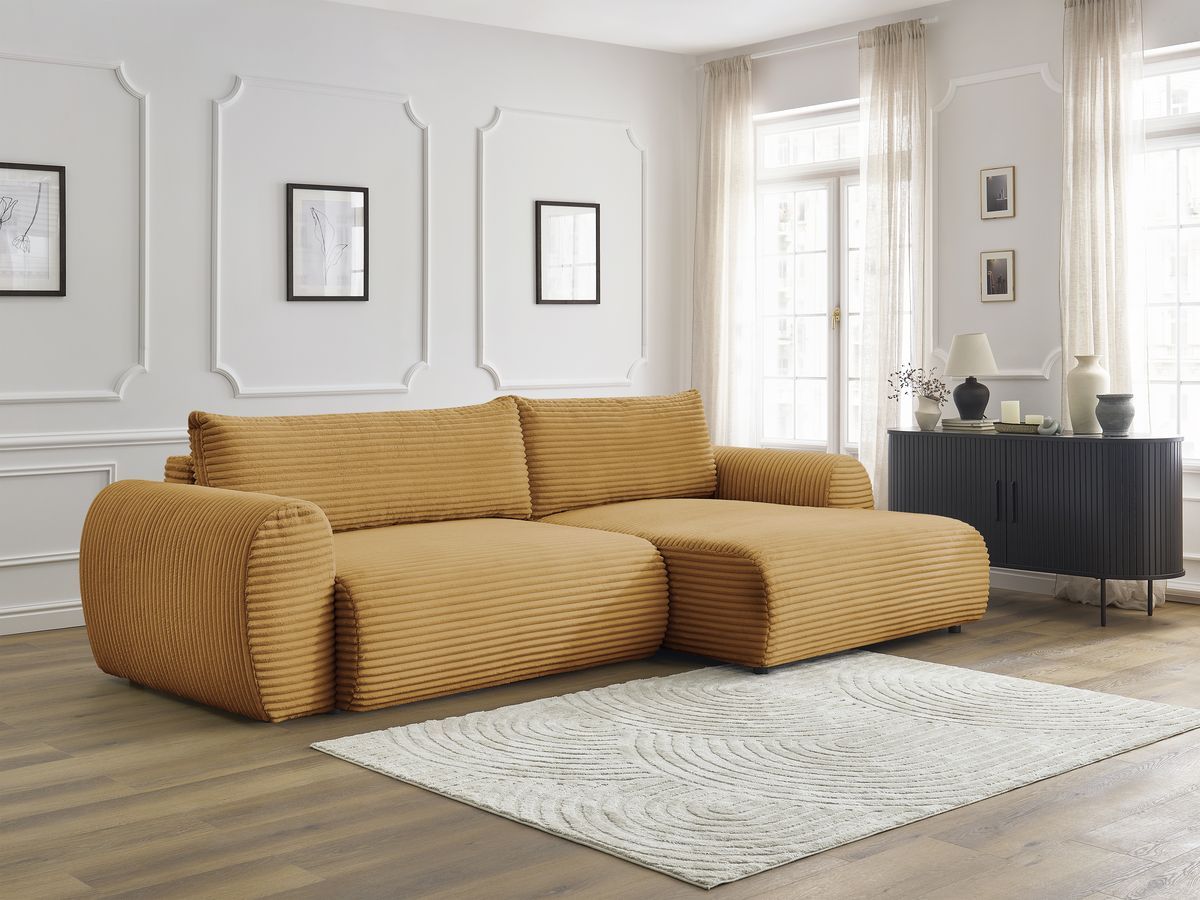 Bobochic Lucien Ecksofa mit Schlaffunktion und Bettkasten 314 × 167 cm Breitcord weich Gelb Ecke rechts