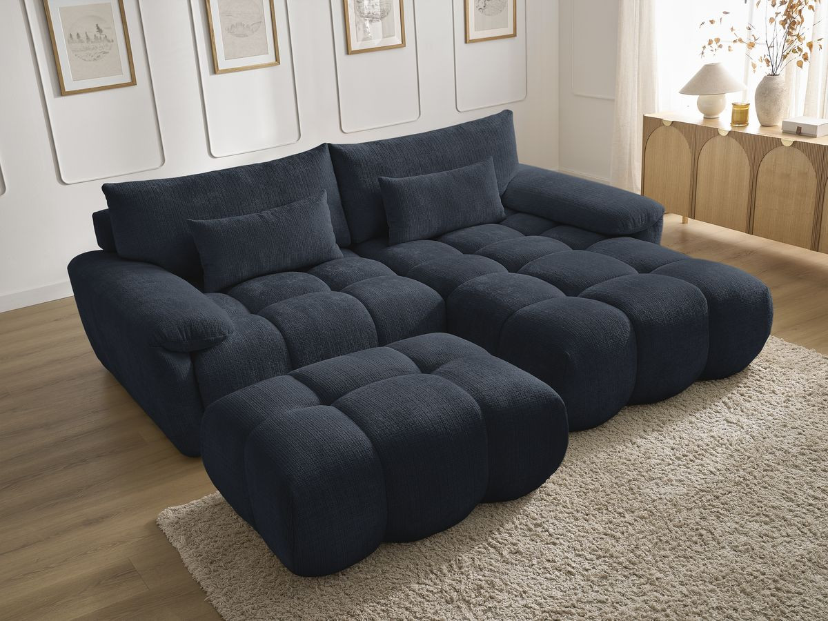 Bobochic Ivane Ecksofa mit Pouf Strukturstoff Dunkelblau Ecke rechts