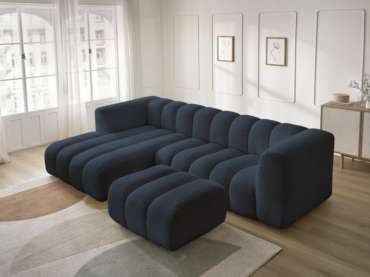 Bobochic Talia Ecksofa mit Pouf Bouclé-Stoff Dunkelblau Ecke links