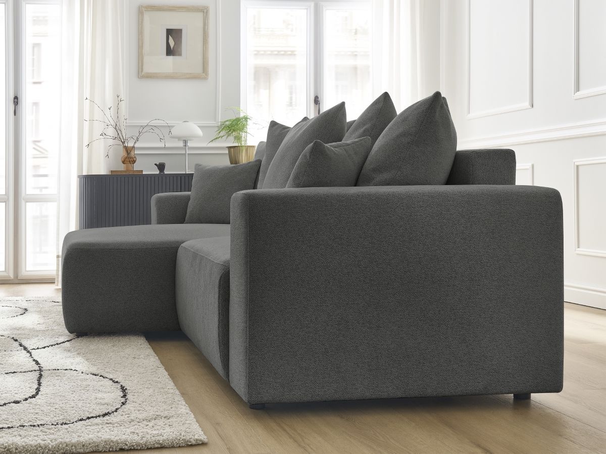 Bobochic Atilla Ecksofa mit Schlaffunktion und Bettkasten Melange-Stoff Dunkelgrau Ecke links