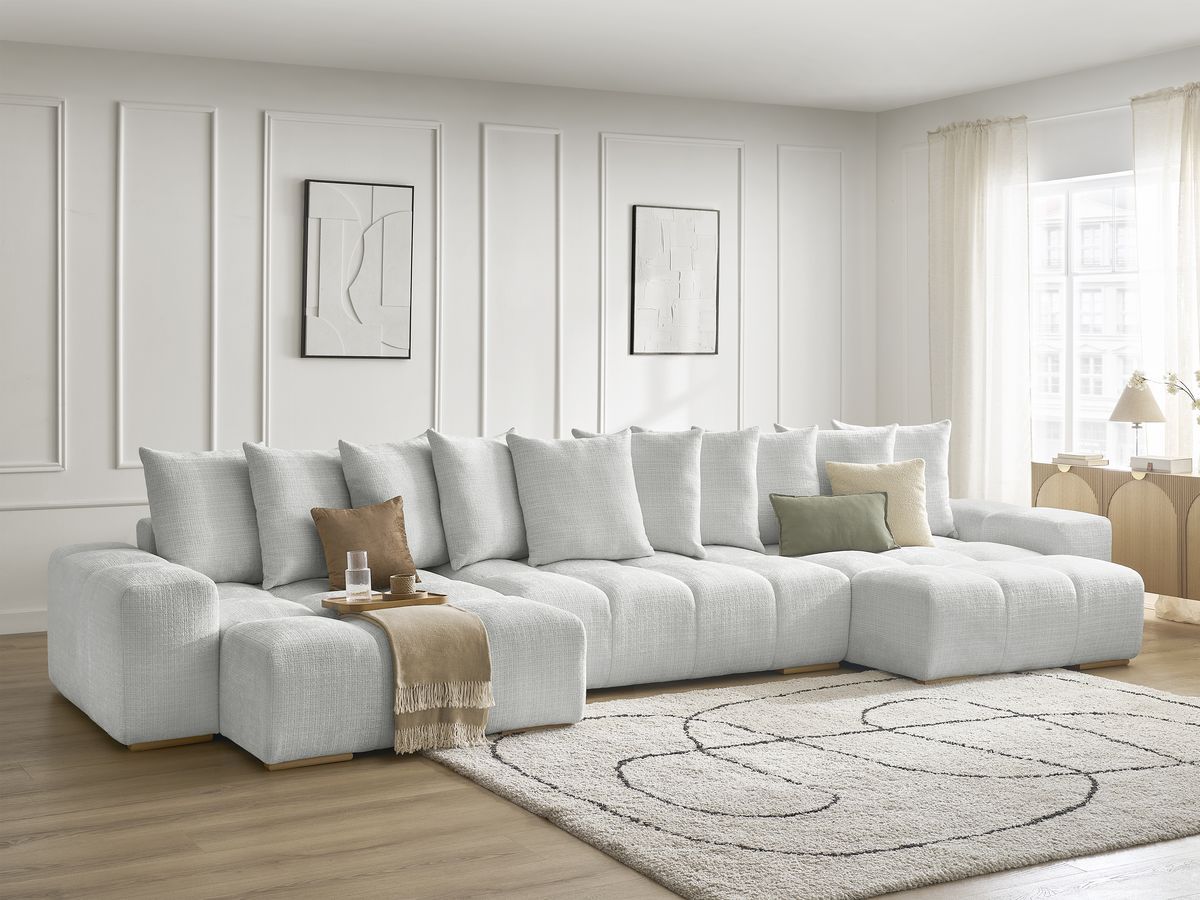 Bobochic Anakin Wohnlandschaft, Liegefläche 137 × 382 cm, 10 Kissen Strukturstoff Hellgrau