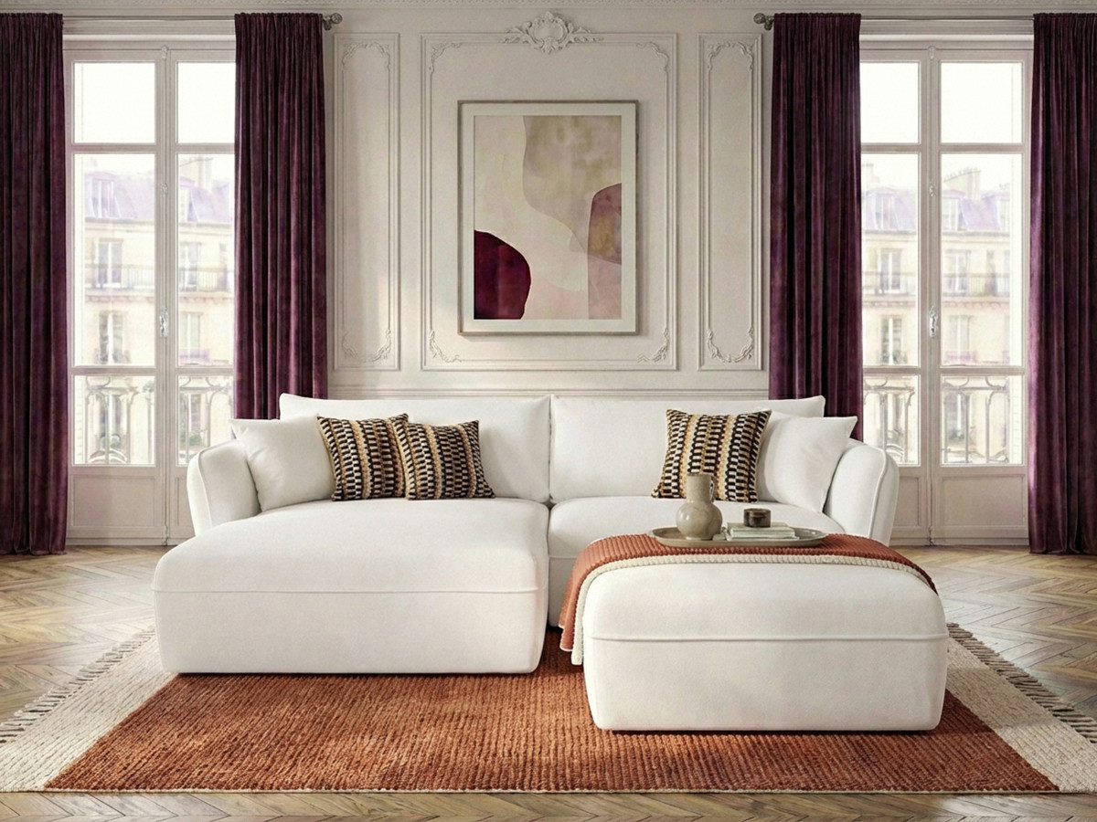 Bobochic Luigi Ecksofa mit Pouf Strukturstoff Weiß Ecke links
