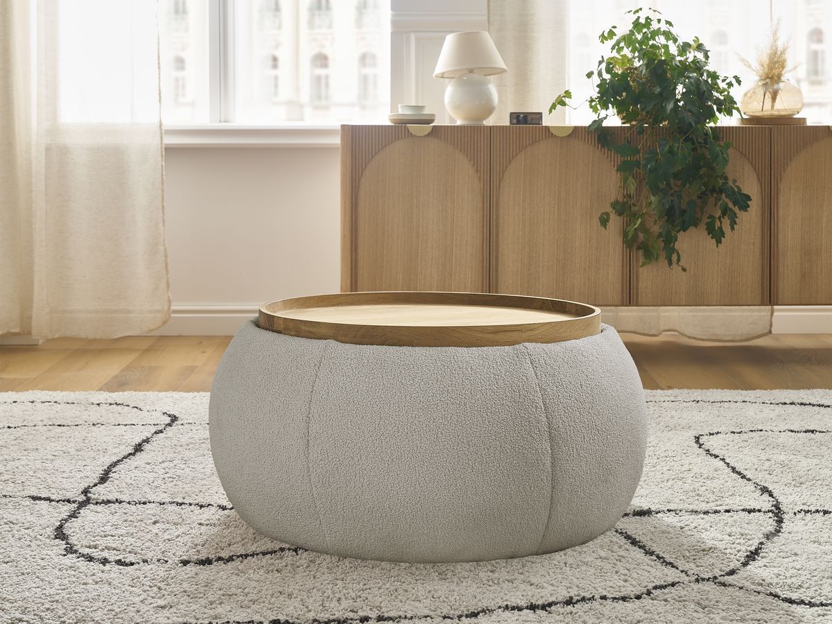 Bobochic Hayden Pouf mit Tablett, rund Bouclé-Stoff Taupe, 77 cm