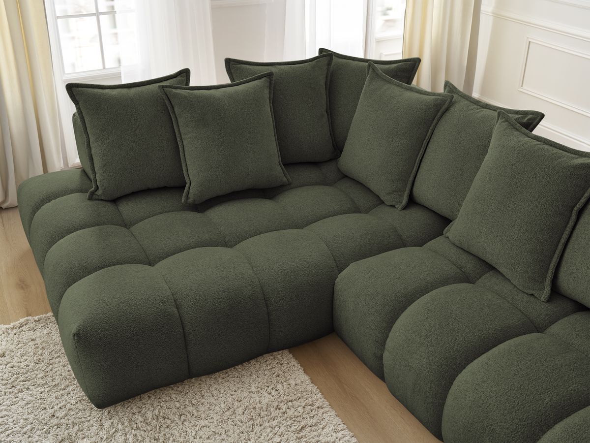 Bobochic Everest Ecksofa mit Schlaffunktion und Pouf, 4 Kissen Melange-Stoff Grün Ecke links