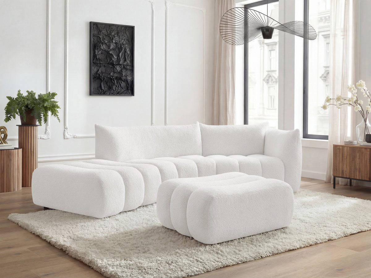 Bobochic Azra Ecksofa mit Pouf 325 × 112 cm Bouclé-Stoff Weiß Ecke rechts