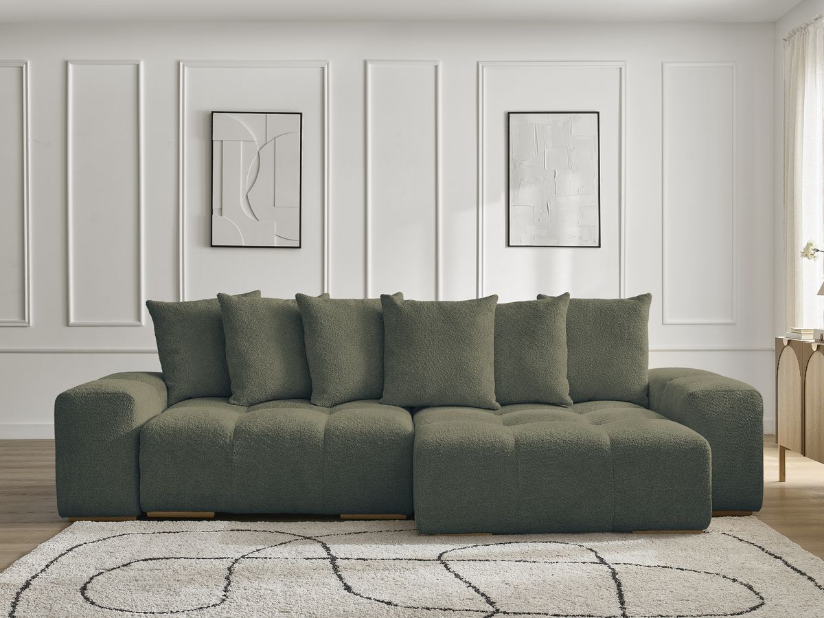 Bobochic Anakin Ecksofa, 6 Kissen Bouclé-Stoff Grün