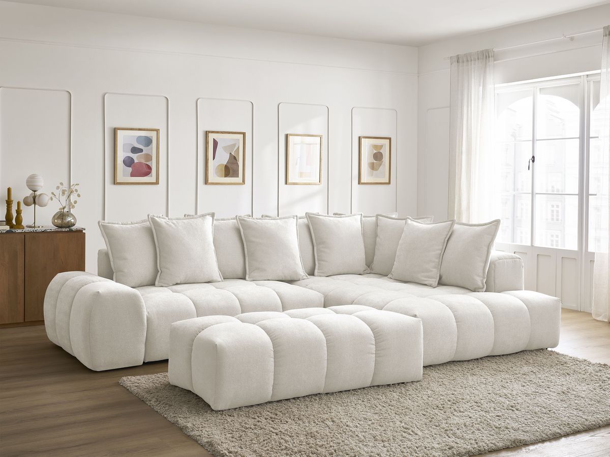 Bobochic Everest Ecksofa mit Schlaffunktion und Bettkasten und Pouf 320 × 212 cm, 10 Kissen Strukturstoff Weiß Ecke rechts