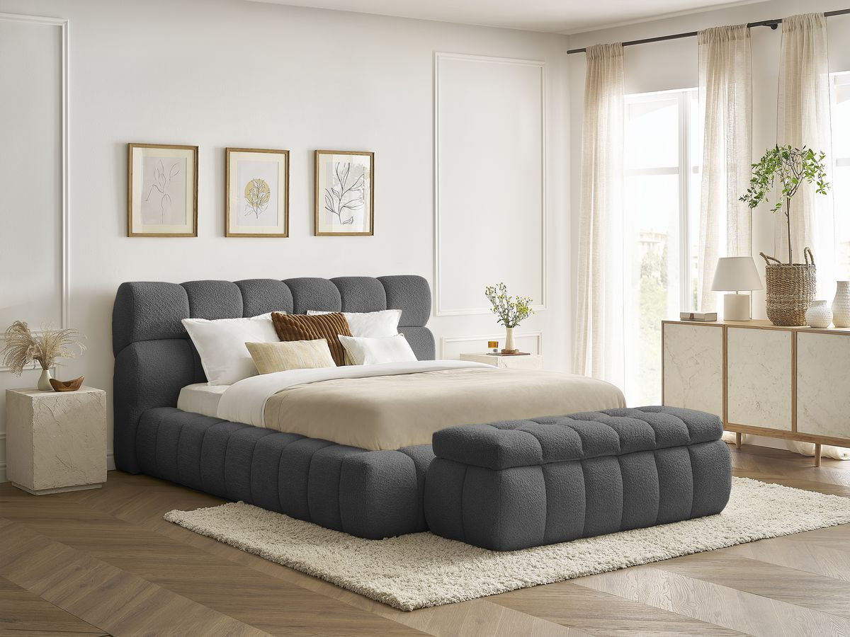 Bobochic Mont-blanc Polsterbett mit Bettkasten mit Bettbank Bouclé-Stoff Dunkelgrau, Liegefläche 140 × 190 cm