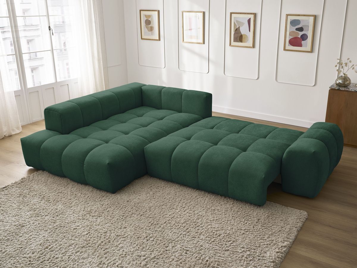 Bobochic Everest Ecksofa mit Schlaffunktion und Bettkasten 320 × 212 cm, 10 Kissen Strukturstoff Grün Ecke links