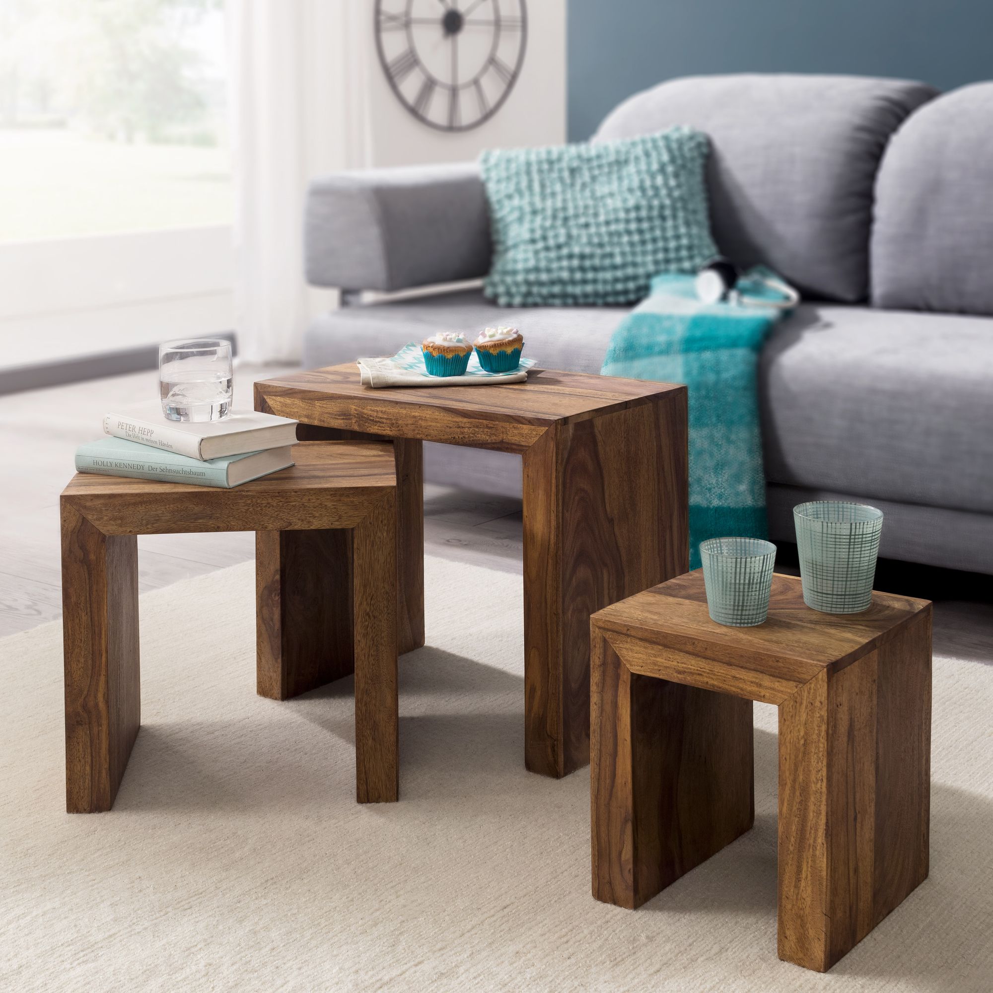 Satztisch 3er-Set Aurland Massivholz Dunkelbraun