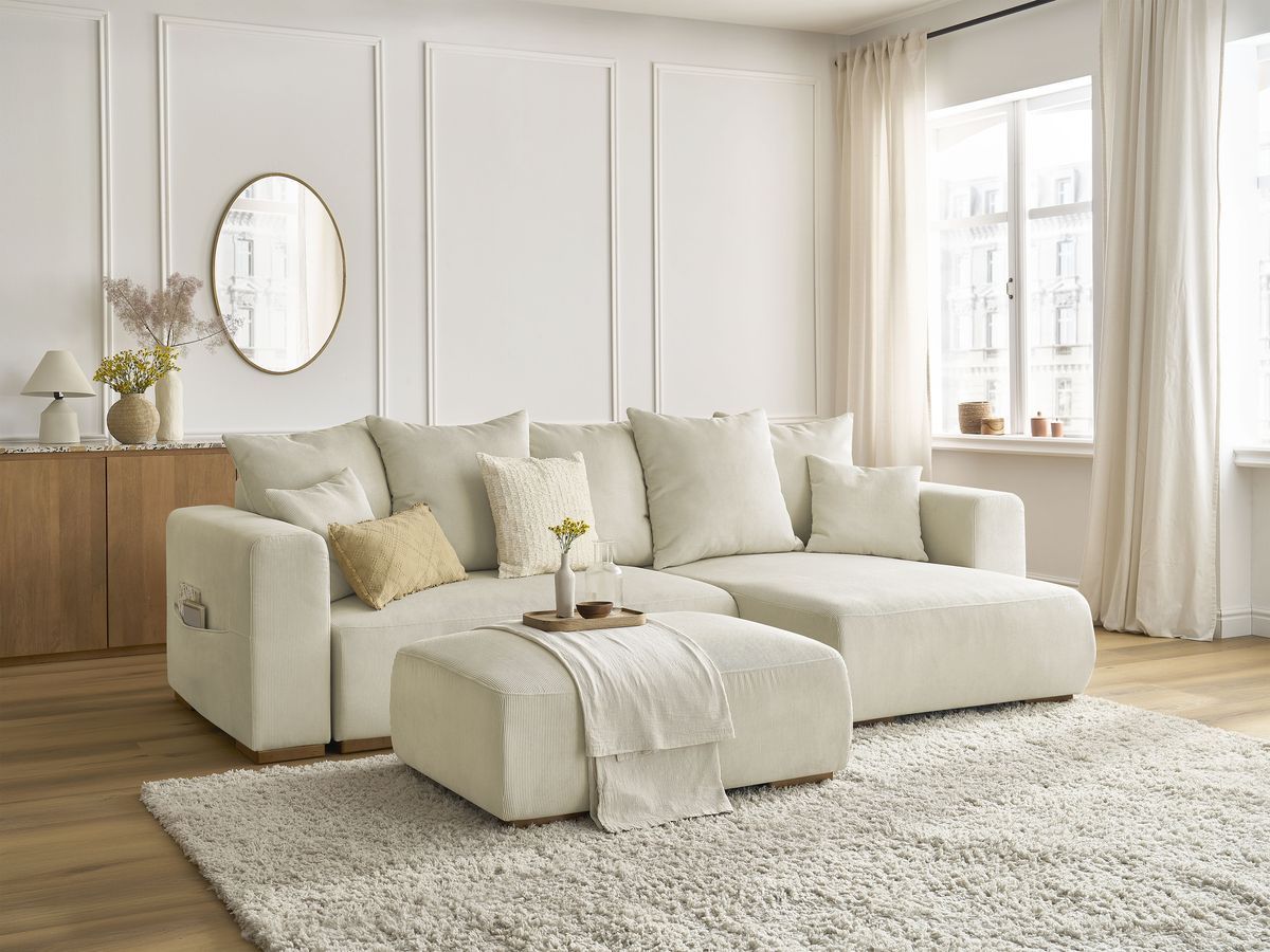 Bobochic Sidonie Ecksofa mit Schlaffunktion und Bettkasten und Pouf Cordsamt Beige