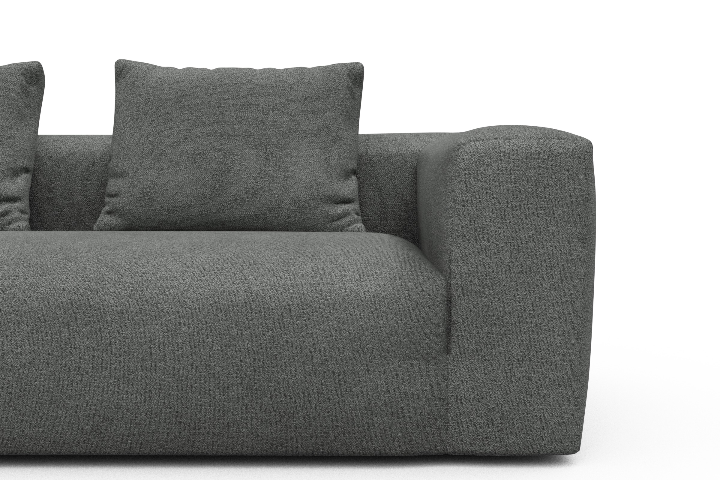 Wohnlandschaft Fred Relax-Ecke rechts mit 2-Sitzer und Chaiselongue links Boucle-Ash-Grey