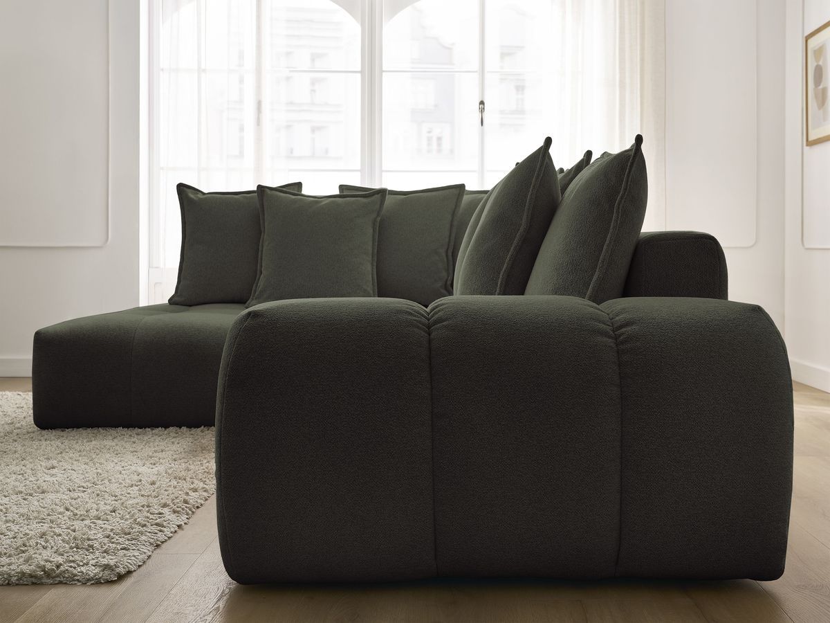 Bobochic Everest Ecksofa mit Schlaffunktion und Bettkasten 320 × 212 cm, 10 Kissen Melange-Stoff Grün Ecke links