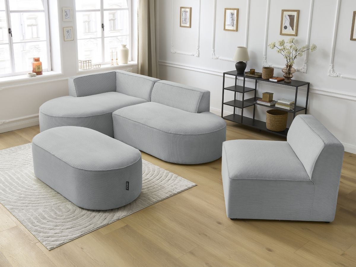 Bobochic Rousseau Ecksofa mit Sofamodul und Pouf Cordsamt Hellgrau Ecke links