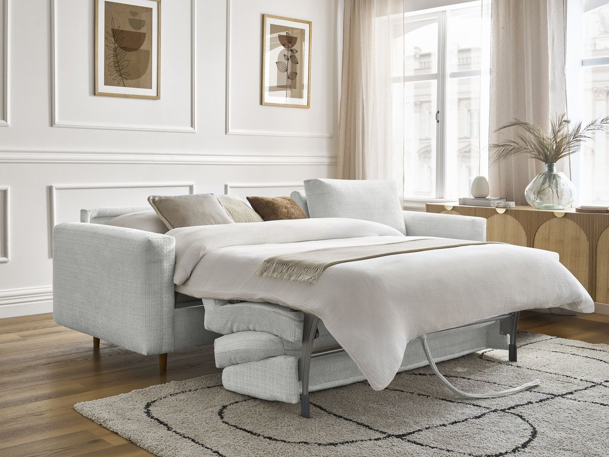 Bobochic Cocoone Ecksofa mit Schlaffunktion und Bettkasten Strukturstoff Hellgrau, Liegefläche 160 × 200 cm